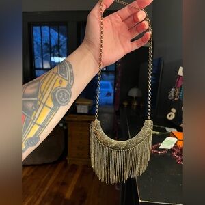 Tarnished Gold Metal Chain Fringe Statement Necklace